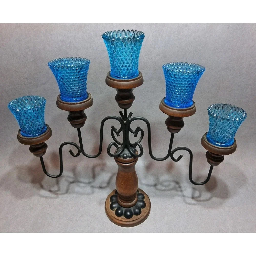 VTG Homco 5 Arm Metal Wood Candelabra With Teal Glass Votive Cups